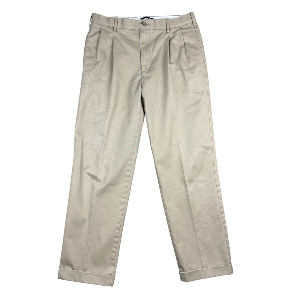 Lands End Mens Khaki Pleated Chino Pants Tan Cotton Cuffed Traditional Fit 31x30